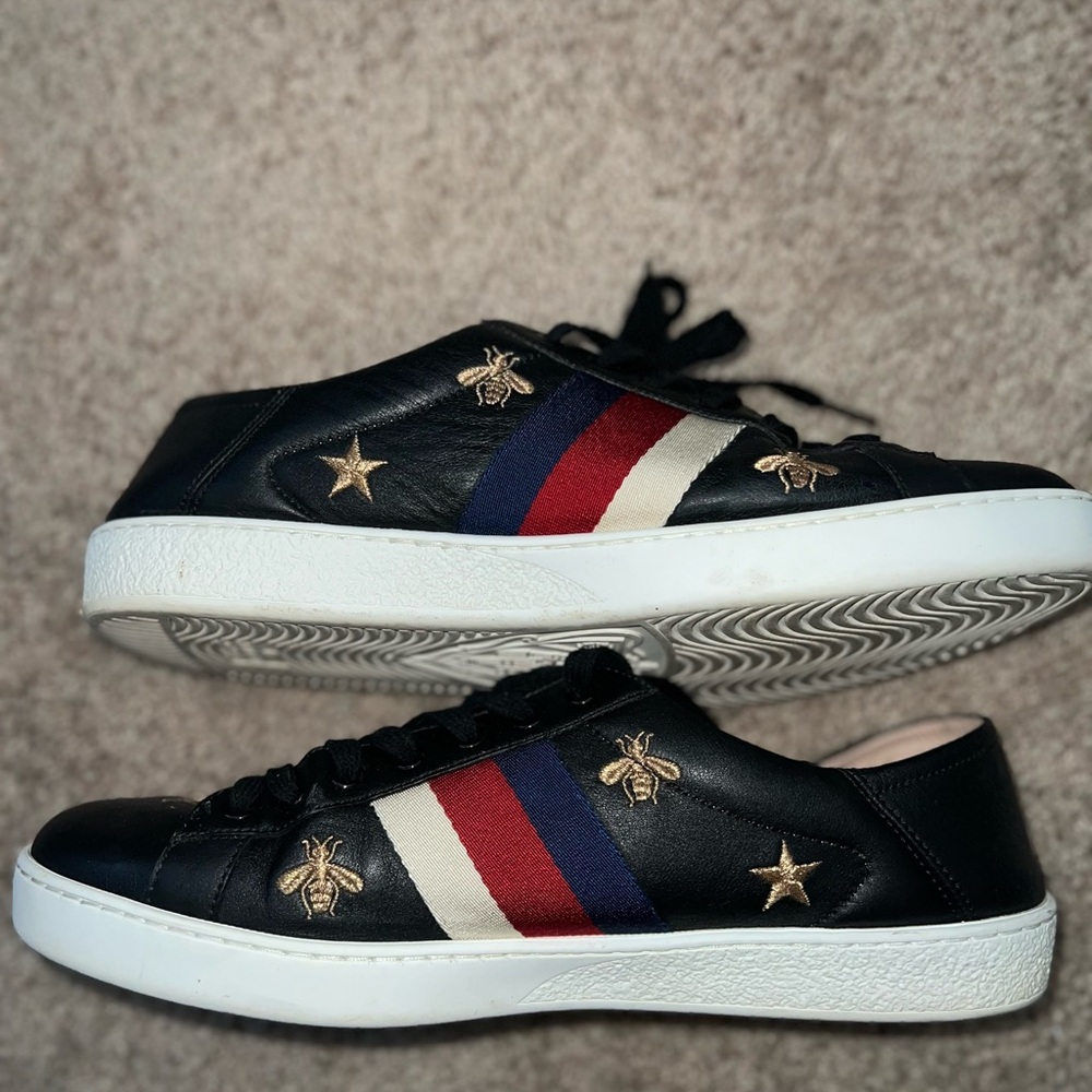 Gucci Black Sneakers with Red and Blue Stripes